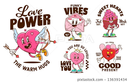 Valentine's day groovy love heart characters stickers or funny labels, cartoon vector. Valentine groovy heart stickers with cupid arrows and bow, love message envelope and cupcake with love quotes 136391434