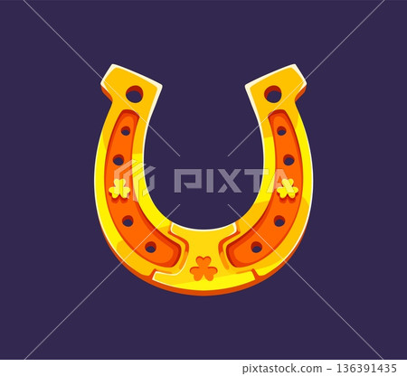 Golden lucky horseshoe with shamrock clover trefoil leaf symbol. Traditional shiny amulet of fortune, luck, prosperity and protection. Cartoon vector happy St Patrick's day Irish horse shoe talisman Golden lucky horseshoe with shamrock clover trefoil leaf symbol. Traditional shiny amulet of fortune, luck, prosperity and protection. Cartoon vector happy St Patrick's day Irish horse shoe talisman 136391435