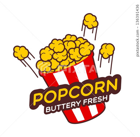 Popcorn movie fresh snack icon or sign. Fast food sweet sweetcorn vector emblem, cinema crunchy meal label. Salty dessert icon with yellow popcorn kernels bursts, flying off from striped bucket Popcorn movie fresh snack icon or sign. Fast food sweet sweetcorn vector emblem, cinema crunchy meal label. Salty dessert icon with yellow popcorn kernels bursts, flying off from striped bucket 136391436