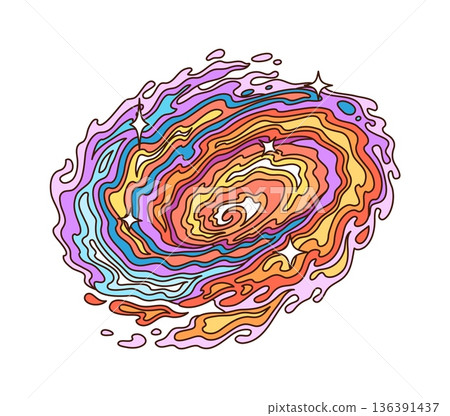 Space galaxy disk cartoon groovy sticker or patch. Galaxy research or discovery patch, outer space science groovy vector sticker. Astronomy technology label with alien galaxy stars colorful disk 136391437