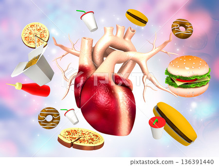 Human heart anatomy with fast foods Human heart anatomy with fast foods 136391440