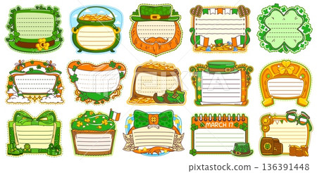 Saint Patrick's day Irish holiday kids memo note frames with cartoon shamrocks, leprechaun hats, bow ties, gold coins, rainbow and cupcakes and gift boxes. Vector set of empty labels and message notes Saint Patrick's day Irish holiday kids memo note frames with cartoon shamrocks, leprechaun hats, bow ties, gold coins, rainbow and cupcakes and gift boxes. Vector set of empty labels and message notes 136391448