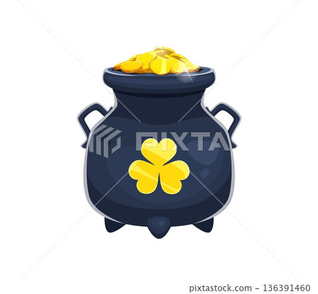 Irish Saint Patrick's day pot with golden coins and shamrock leaf. Whimsical cartoon black cauldron overflowing with bright gold coins and topped with golden shamrock. Vector pot for party decorations 136391460
