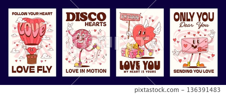 Y2K groovy posters of Valentine day holiday with love heart characters. Lovestruck heart character in hot air balloon, disco ball, heart with wings, love letter personage for playful wall art 136391483