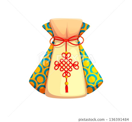 Asian lucky money bag decorated with traditional Chinese knot symbol and patterned fabric sides. Cartoon vector fortune pouch and oriental happy wallet with golden coins for Lunar New Year celebration Asian lucky money bag decorated with traditional Chinese knot symbol and patterned fabric sides. Cartoon vector fortune pouch and oriental happy wallet with golden coins for Lunar New Year celebration 136391484