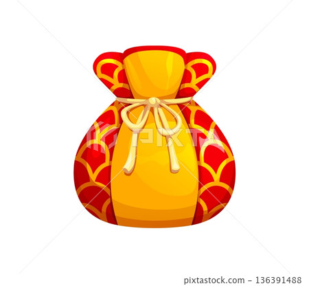 Chinese lucky money bag with red and gold fabric pattern and decorative ribbon bow. Asian fortune pouch and oriental happy wallet for Lunar New Year celebration, cartoon vector festive cny gift sack Chinese lucky money bag with red and gold fabric pattern and decorative ribbon bow. Asian fortune pouch and oriental happy wallet for Lunar New Year celebration, cartoon vector festive cny gift sack 136391488