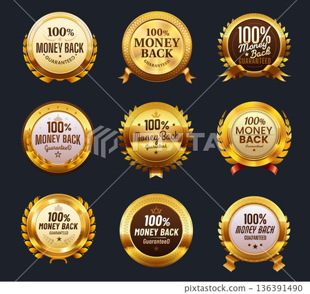Money back guaranteed golden labels, badges, luxury tags and award seals with laurel wreaths. Vector set with premium glossy metallic labels for refund assurance, ecommerce retail and online business 136391490