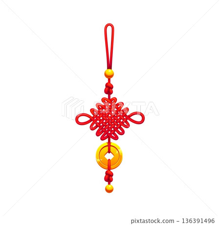Chinese lucky knot charm vector China Lunar New Year symbol of luck. Traditional Asian gift trinket or amulet with gold coin, loop and red cord. Cartoon vector isolated element for the CNY celebration Chinese lucky knot charm vector China Lunar New Year symbol of luck. Traditional Asian gift trinket or amulet with gold coin, loop and red cord. Cartoon vector isolated element for the CNY celebration 136391496