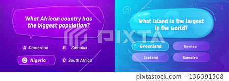 Quiz template layout, question and answer game contest. Vector question cards with speech bubbles and rounded answer buttons. Interactive layout for trivia choice games for knowledge application or tv Quiz template layout, question and answer game contest. Vector question cards with speech bubbles and rounded answer buttons. Interactive layout for trivia choice games for knowledge application or tv 136391508