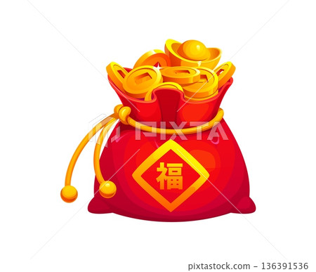 Chinese red lucky money bag with golden coins, sycee Yuanbao ingot and hieroglyph means good fortune. Lunar New Year Asian festive fortune pouch or purse. Cartoon vector symbol of wealth and happiness Chinese red lucky money bag with golden coins, sycee Yuanbao ingot and hieroglyph means good fortune. Lunar New Year Asian festive fortune pouch or purse. Cartoon vector symbol of wealth and happiness 136391536