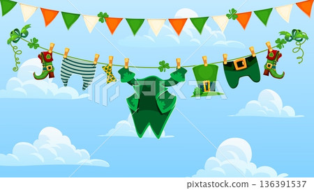 Happy Saint Patrick's day leprechaun clothes and boots hanging on rope with festive bunting flags and shamrock in sky. Cartoon vector green jacket, pants, hat and socks for Irish holiday celebration Happy Saint Patrick's day leprechaun clothes and boots hanging on rope with festive bunting flags and shamrock in sky. Cartoon vector green jacket, pants, hat and socks for Irish holiday celebration 136391537