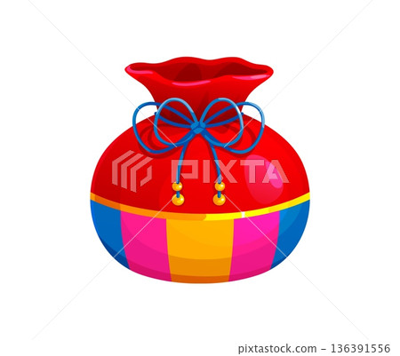 Chinese lucky money bag with colorful patchwork pattern and blue ribbon bow. Asian vector fortune pouch and oriental happy wallet for Lunar New Year celebration, festive cny gift sack symbol of wealth Chinese lucky money bag with colorful patchwork pattern and blue ribbon bow. Asian vector fortune pouch and oriental happy wallet for Lunar New Year celebration, festive cny gift sack symbol of wealth 136391556