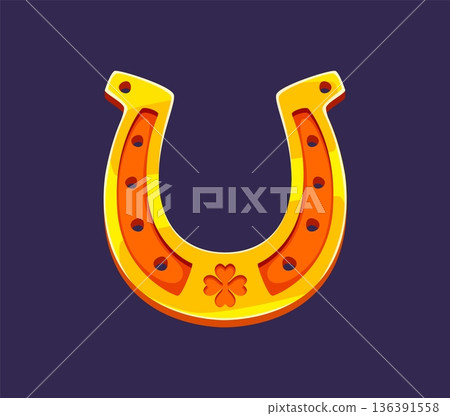 Golden lucky horseshoe, happy St Patrick's day horse shoe with clover symbol. Cartoon vector fortune charm and traditional sign of luck, success, prosperity or positive energy, isolated Irish talisman Golden lucky horseshoe, happy St Patrick's day horse shoe with clover symbol. Cartoon vector fortune charm and traditional sign of luck, success, prosperity or positive energy, isolated Irish talisman 136391558