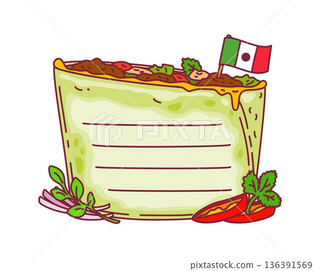 Mexican food burrito kids memo note frame. Scrapbook vector Mexico label, planner to do list Mexican memo note. Kids schedule Latin American frame with Tex Mex burrito, Mexican flag and vegetables Mexican food burrito kids memo note frame. Scrapbook vector Mexico label, planner to do list Mexican memo note. Kids schedule Latin American frame with Tex Mex burrito, Mexican flag and vegetables 136391569
