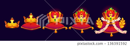 Royal king or queen game rank badge, vector heraldry award. Cartoon luxury royal crowns in progression stages, placed on pillows in laurel branches frames. Game achievement rank badges set Royal king or queen game rank badge, vector heraldry award. Cartoon luxury royal crowns in progression stages, placed on pillows in laurel branches frames. Game achievement rank badges set 136391592