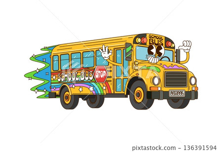 Cartoon groovy school bus character. Smiling, rainbow school bus waving its hand. Funky vector mascot for educational prints, funny education promotions, supplies or school branding 136391594