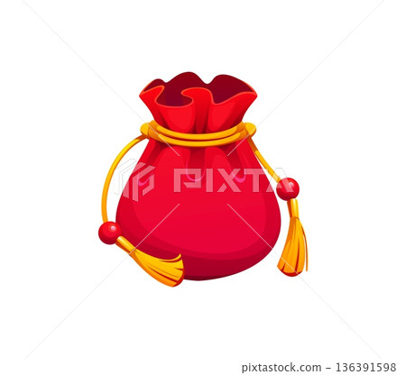 Red Asian fortune pouch, Chinese lucky money bag with golden coins. Cartoon traditional vector purse and wallet. Traditional lucky money bag closed with yellow rope featuring tassels and beads Red Asian fortune pouch, Chinese lucky money bag with golden coins. Cartoon traditional vector purse and wallet. Traditional lucky money bag closed with yellow rope featuring tassels and beads 136391598