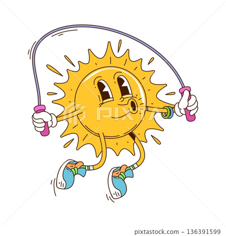 Jumping on skipping rope sun cartoon groovy cute character. Cheerful retro funky mascot, happy vintage comic isolated vector character. Sun cute groovy personage whistling and jumping on rope 136391599