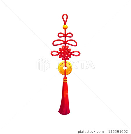 Chinese lucky knot tassel or Asian charm amulet with golden coins, vector fortune luck symbol. Chinese tassel or lucky knot pendant with money coins ornament for Feng Shui and Lunar New Year Chinese lucky knot tassel or Asian charm amulet with golden coins, vector fortune luck symbol. Chinese tassel or lucky knot pendant with money coins ornament for Feng Shui and Lunar New Year 136391602