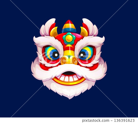 Chinese lunar New Year lion mask of Asian festival in China, cartoon vector icon. Guandong lion dance mask or lion head costume for Chinese New Year or Chinatown traditional holiday celebration Chinese lunar New Year lion mask of Asian festival in China, cartoon vector icon. Guandong lion dance mask or lion head costume for Chinese New Year or Chinatown traditional holiday celebration 136391623