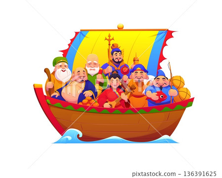 Cartoon Japanese New Year seven gods in boat sailing together across the sea. Vector festive scene showing smiling deities symbols of fishermen, luck, wealth, war, music, happiness, wisdom, prosperity 136391625