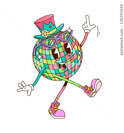 Disco ball cartoon groovy cute character. Cute vintage groovy mascot, cheerful hippie isolated vector character. Colorful mirror glass disco ball wearing top hat and glasses happy personage 136391644