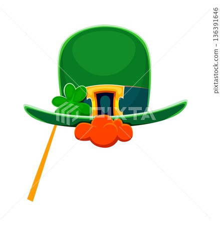St Patricks leprechaun costume hat photo booth mask. St Patrick day vector costume part, Ireland holiday mask. Irish carnival kids photo booth prop with leprechaun green hat, red hair and clover leaf St Patricks leprechaun costume hat photo booth mask. St Patrick day vector costume part, Ireland holiday mask. Irish carnival kids photo booth prop with leprechaun green hat, red hair and clover leaf 136391646