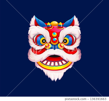 Chinese Lunar New Year cute Guangdong lion. Cartoon lion dance head with smiling face, expressive eyes, and festive red and white colors. Festive vector mask for traditional Barongsai performance 136391663