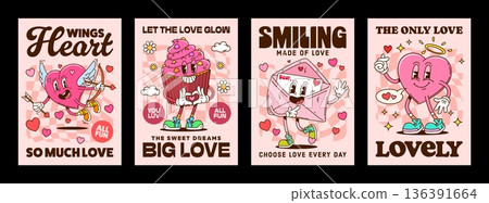 Valentine's day love hearts and cake groovy posters with funky characters, cartoon vector. Valentine groovy funny heart with cupid arrow and bow, love message envelope letter and funky cupcake Valentine's day love hearts and cake groovy posters with funky characters, cartoon vector. Valentine groovy funny heart with cupid arrow and bow, love message envelope letter and funky cupcake 136391664