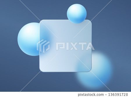 Light glassmorphism square card with blue floating spheres on soft blue background Light glassmorphism square card with blue floating spheres on soft blue background 136391728