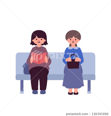 Illustration of women waiting their turn on a bench | Waiting room, reception, public facility 136391889