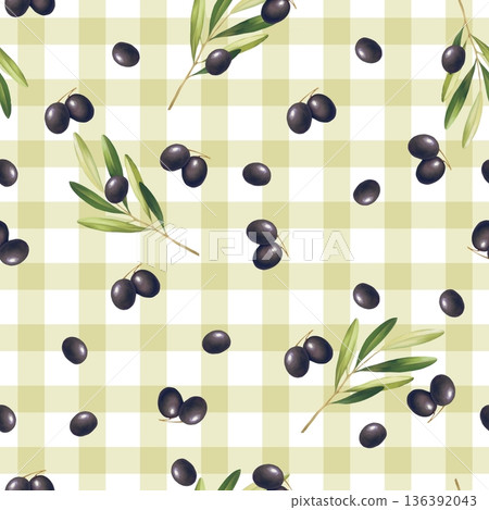 Hand drawn illustration of seamless pattern with black olives, green leaves and olive branches on olive green checkered background. Botanical Mediterranean texture for textile, tablecloth, kitchen 136392043