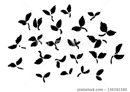 Monochrome illustration and silhouette of shiso sprouts. Scattered sprouts and two-leaf icon. 136392380