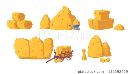 A set of various haystacks, piles, bales, and rolls, with a wooden and iron cart. A set of various haystacks, piles, bales, and rolls, with a wooden and iron cart. 136392459