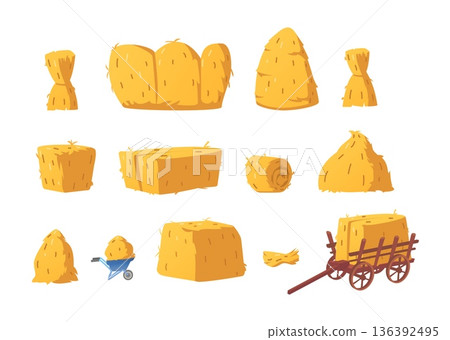 Haystack flat icons vector set, cartoon bale of hay, straw barn and square and rolled hayloft, forage pasture heap, cart Haystack flat icons vector set, cartoon bale of hay, straw barn and square and rolled hayloft, forage pasture heap, cart 136392495