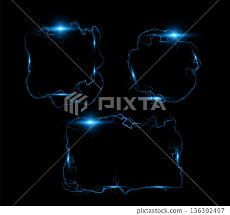 Thunderbolt blue lightning spark effects vector set on black, bolt voltage borders, energy beam, electric burst frames 136392497