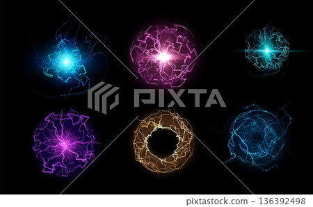 A set of round lightning bolts in various bright neon colors, with a glow effect and flashes. 136392498