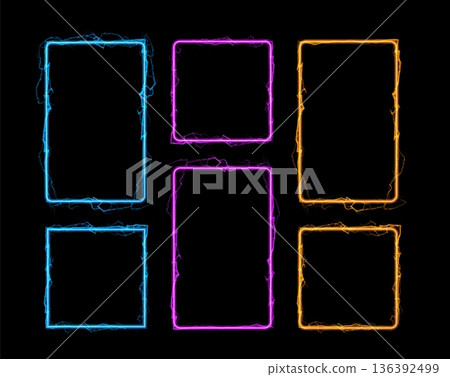 Abstract rectangular and square frames with glowing gold, pink, and blue lightning bolts. 136392499