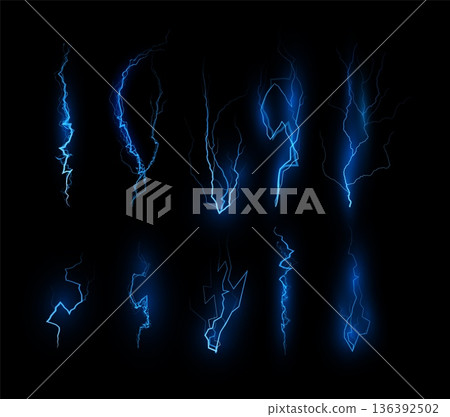 Thunderbolt blue lightning effect vector set on black background, energy charge, power beam flash, electric burst ray Thunderbolt blue lightning effect vector set on black background, energy charge, power beam flash, electric burst ray 136392502