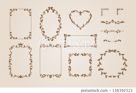 Brown vintage ornate frames vector set, fancy decorative collection, ornamental borders various shapes, line floral art 136392521