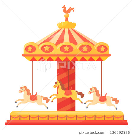 Horse spinning carousel. Theme park cartoon attraction Horse spinning carousel. Theme park cartoon attraction 136392526
