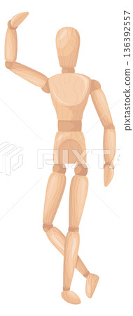 Wooden figurine waving hand. Handmade toy pose Wooden figurine waving hand. Handmade toy pose 136392557