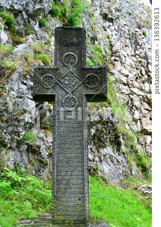 Romania, Transylvania, Bran village, Bran Castle, the castle that inspired Dracula, and the cross Romania, Transylvania, Bran village, Bran Castle, the castle that inspired Dracula, and the cross 136392613