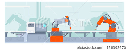 Robotic production factory with automated manufacture machine illustration 136392670