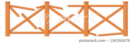 Damaged rural fence. Ranch barrier cartoon icon Damaged rural fence. Ranch barrier cartoon icon 136392676