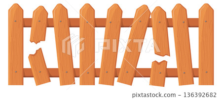 Wooden rail fence. Rural garden picket barrier 136392682