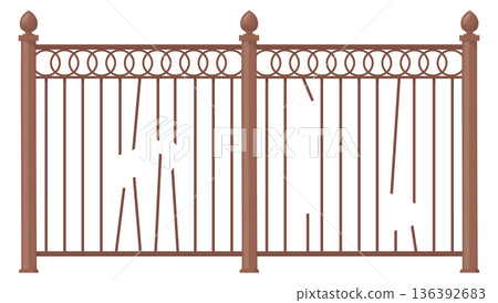 Forged fence with broken rails. Wrought park barrier Forged fence with broken rails. Wrought park barrier 136392683