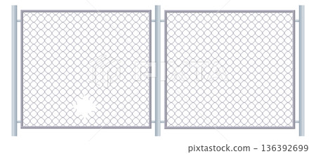 Damaged lattice metal fence. Hole in iron grid Damaged lattice metal fence. Hole in iron grid 136392699