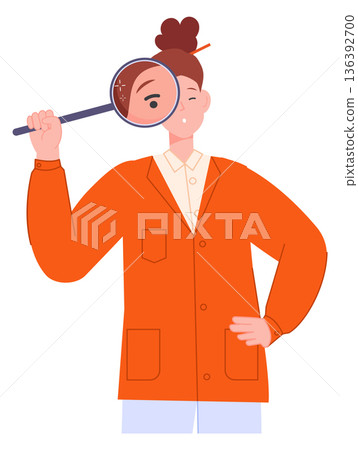 Woman look through magnify glass. Searching female character Woman look through magnify glass. Searching female character 136392700