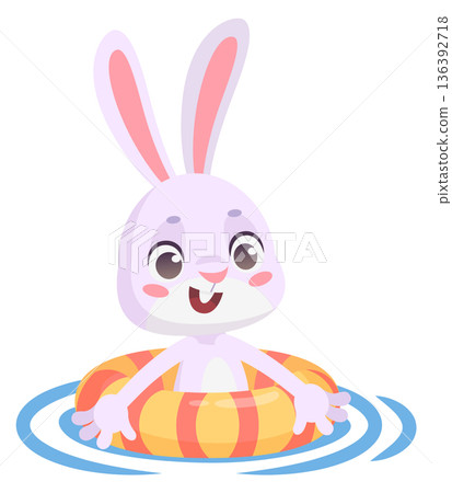 Swimming bunny in inflatable ring. Summer water donut Swimming bunny in inflatable ring. Summer water donut 136392718